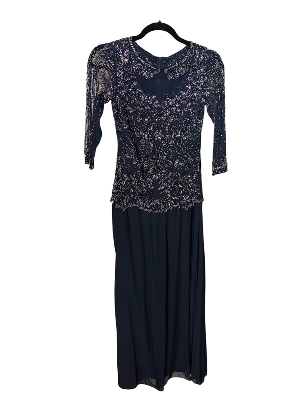 Pisarro Nights -Elegant Navy Beaded Evening Dress with Embellished Bodice NWT